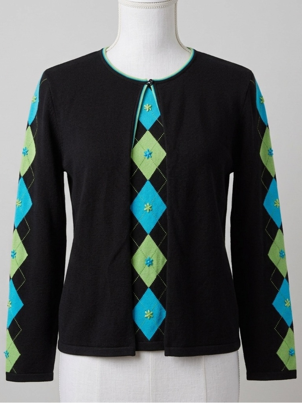 Alfred Dunner Argyle Floral Embroidered 2-in-1 Cardigan and Shell Size P/Large
